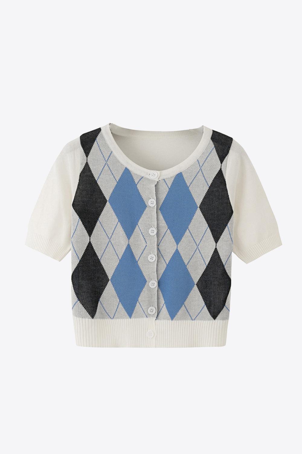 Argyle Round Neck Ribbed Trim Cardigan BLUE ZONE PLANET