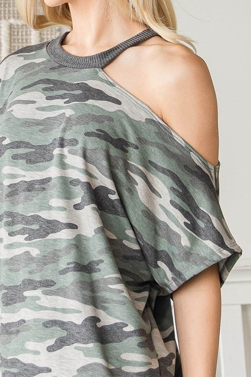 Asymmetric Neck Contrast Trim Camo Print Top Blue Zone Planet