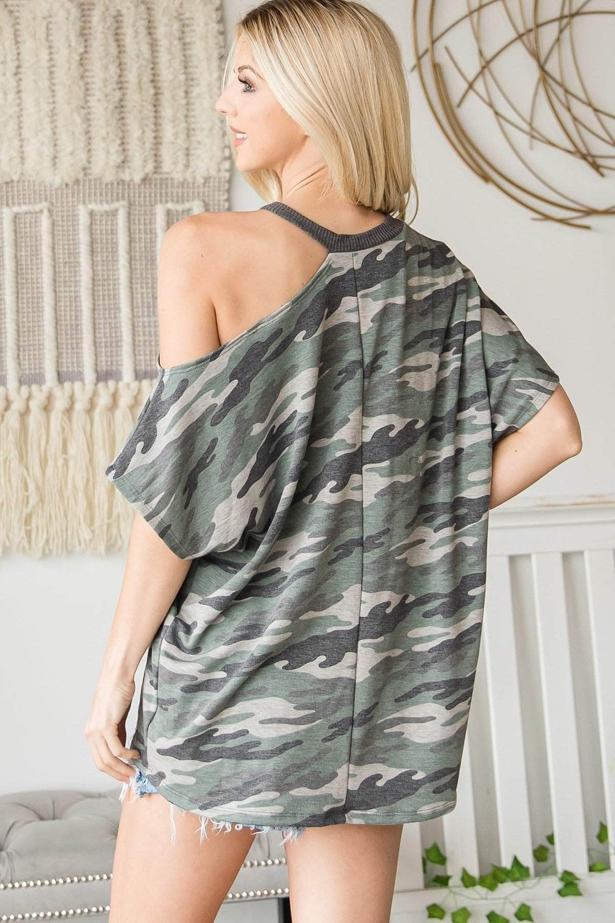 Asymmetric Neck Contrast Trim Camo Print Top Blue Zone Planet