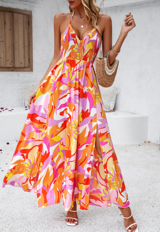 Blue Zone Planet | Casual holiday printed suspender backless maxi dress kakaclo