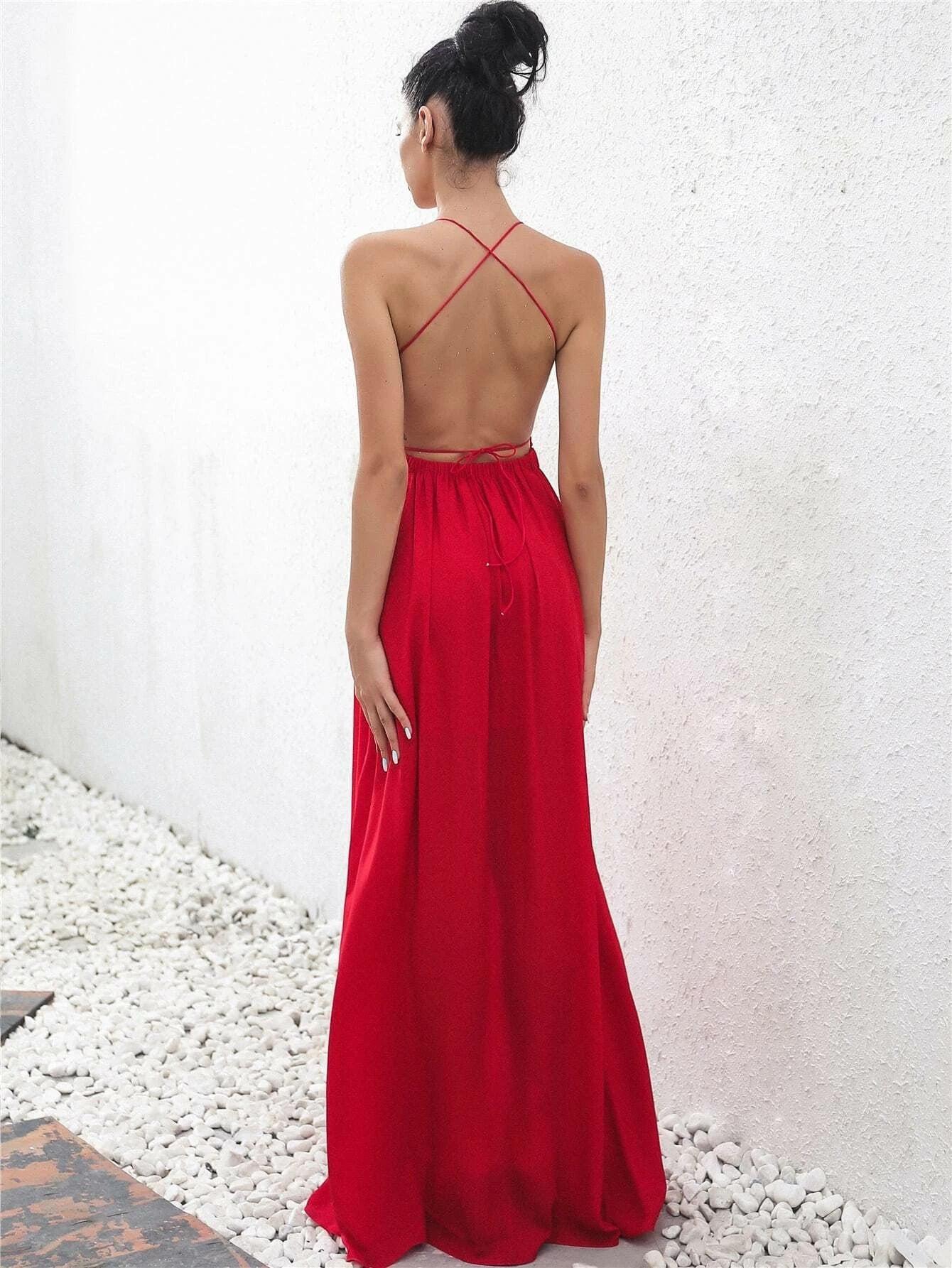 Backless Crisscross Halter Neck Split Maxi Dress BLUE ZONE PLANET