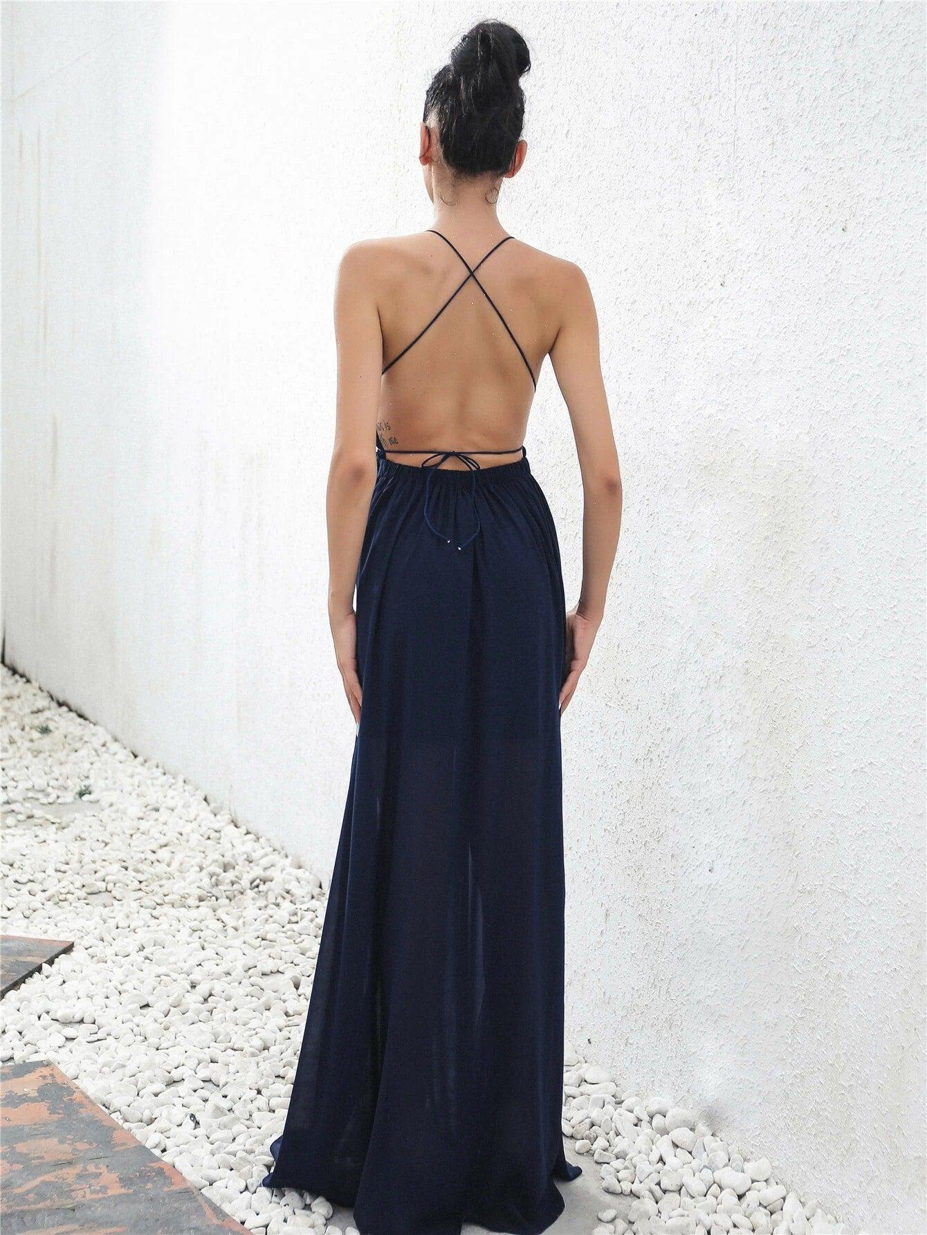 Backless Crisscross Halter Neck Split Maxi Dress BLUE ZONE PLANET