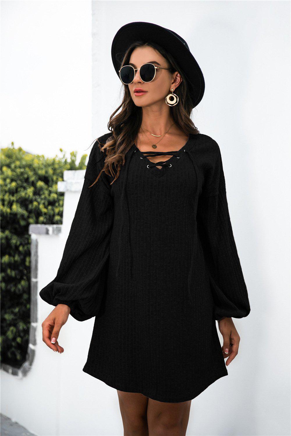 Balloon Sleeve Crisscross Detail Knit Dress BLUE ZONE PLANET