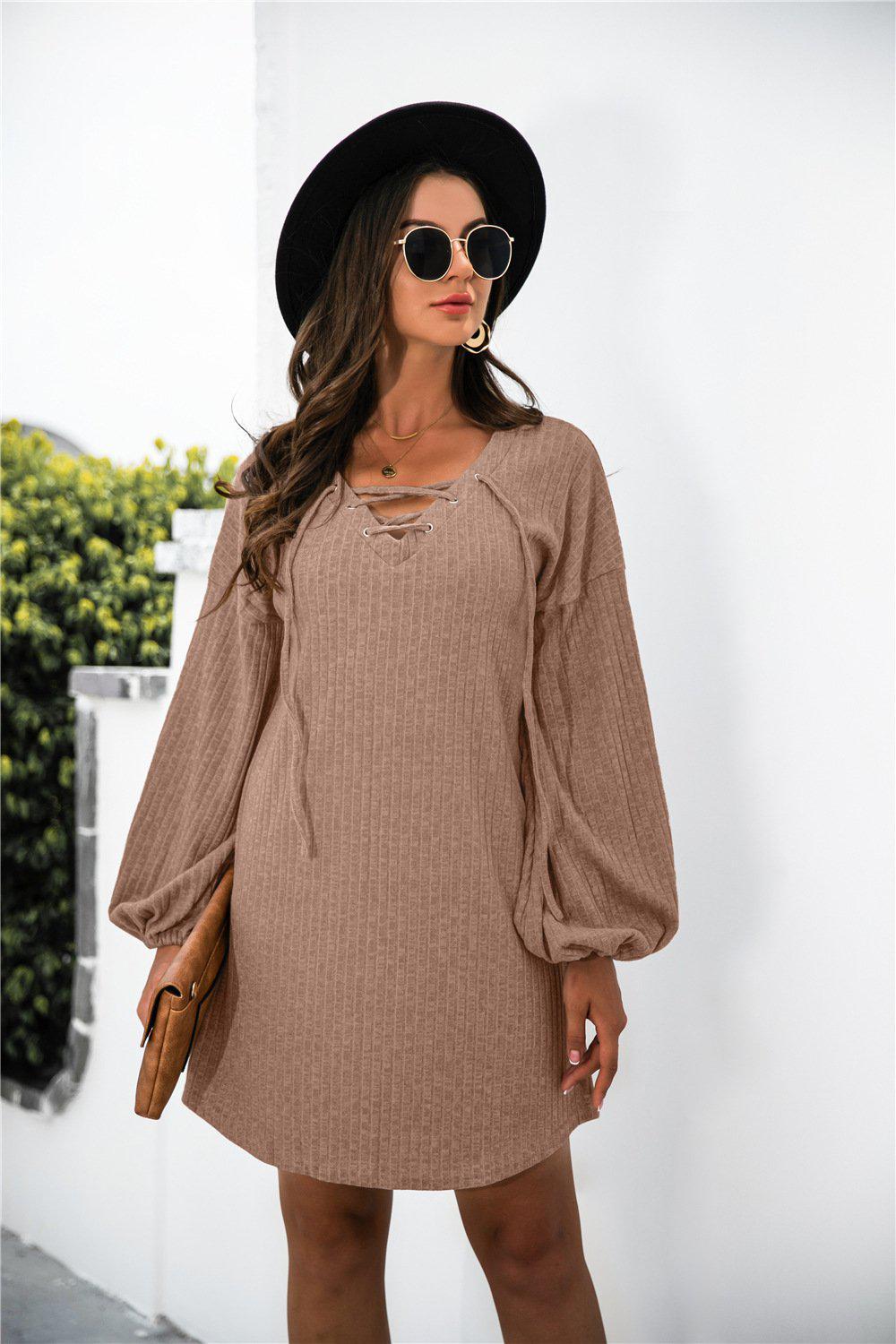 Balloon Sleeve Crisscross Detail Knit Dress BLUE ZONE PLANET