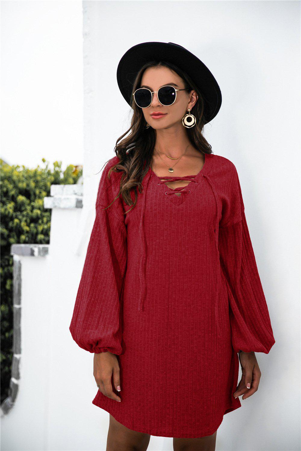 Balloon Sleeve Crisscross Detail Knit Dress BLUE ZONE PLANET