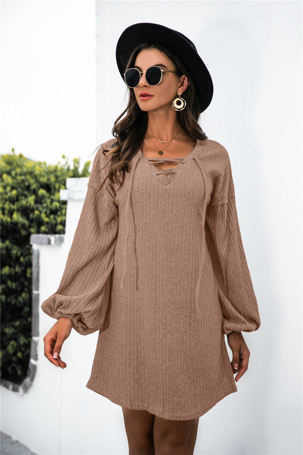 Balloon Sleeve Crisscross Detail Knit Dress BLUE ZONE PLANET