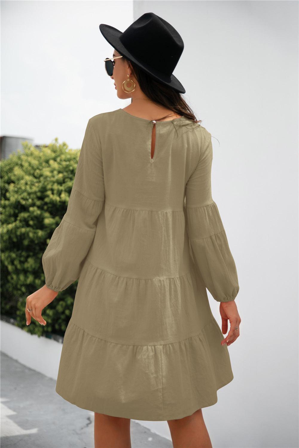 Balloon Sleeve Keyhole Tiered Dress BLUE ZONE PLANET