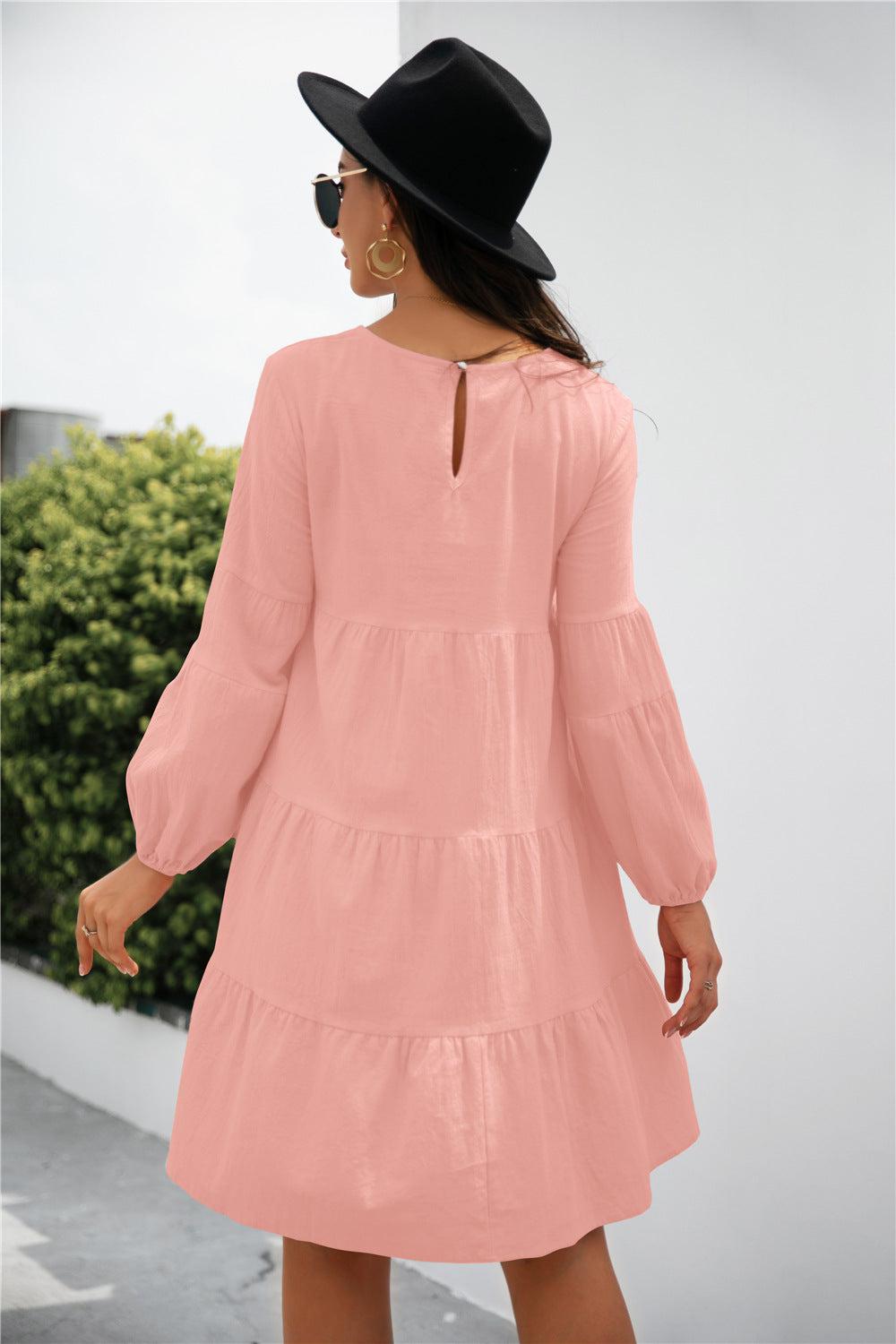Balloon Sleeve Keyhole Tiered Dress BLUE ZONE PLANET