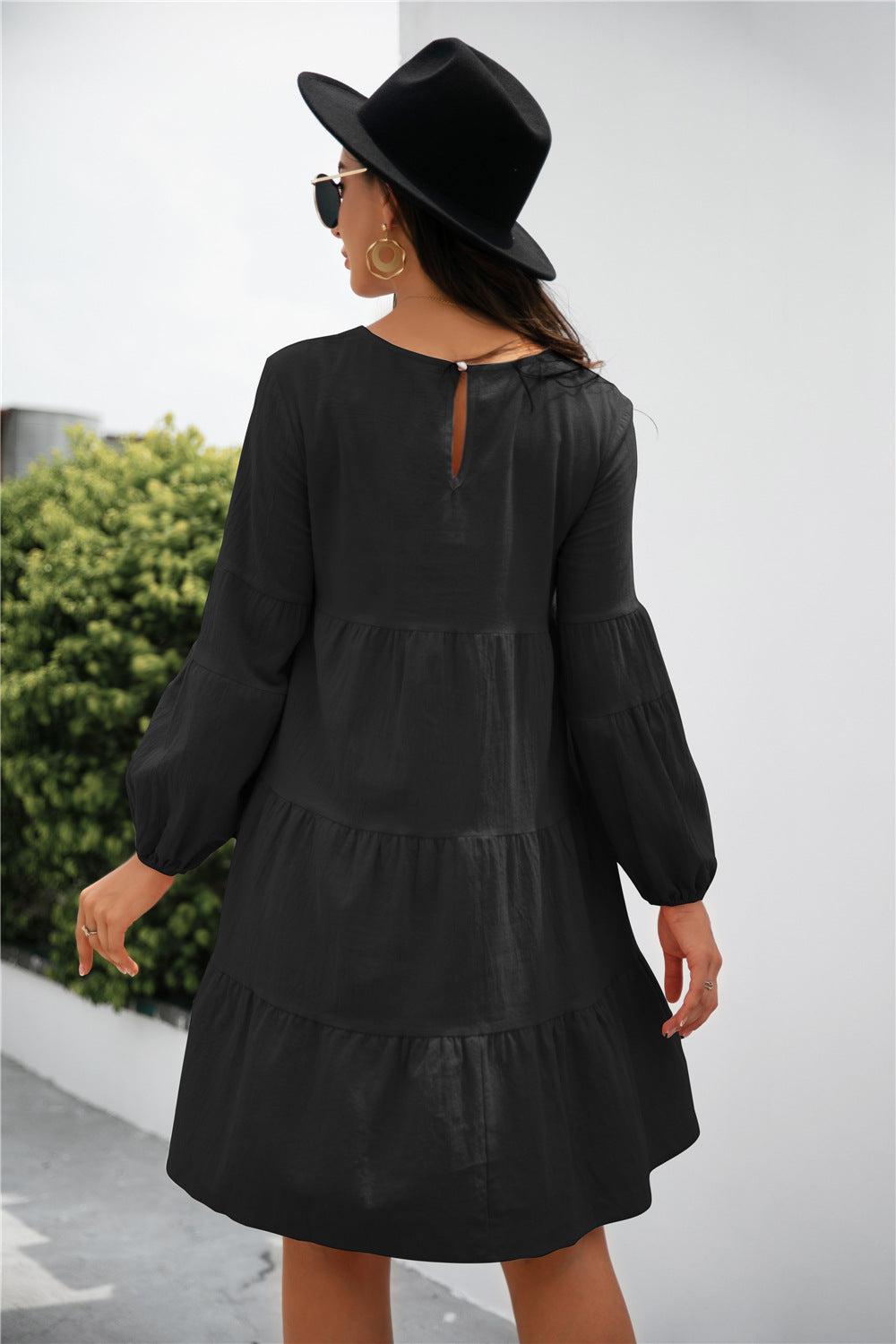 Balloon Sleeve Keyhole Tiered Dress BLUE ZONE PLANET