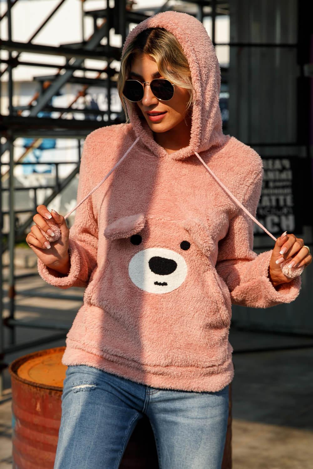 Bear Style Drawstring Fleece Hoodie BLUE ZONE PLANET