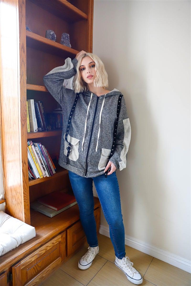 Belt & Reversed Details Zip-up Hooded Sweater Blue Zone Planet