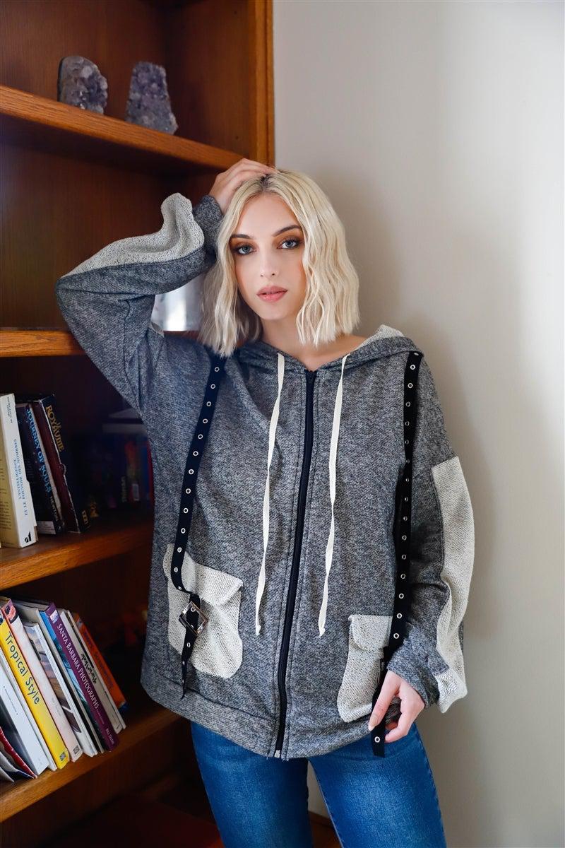 Belt & Reversed Details Zip-up Hooded Sweater Blue Zone Planet