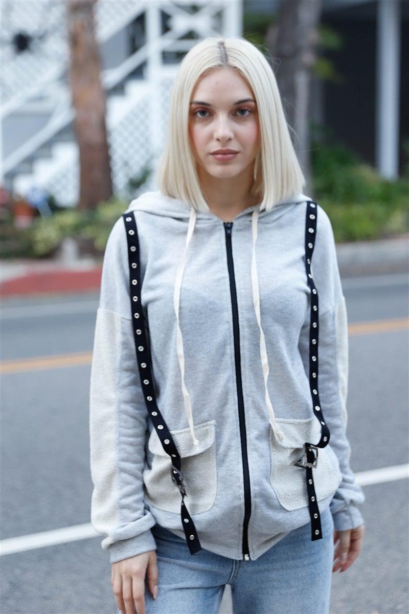 Belt & Reversed Details Zip-up Hooded Sweater Blue Zone Planet
