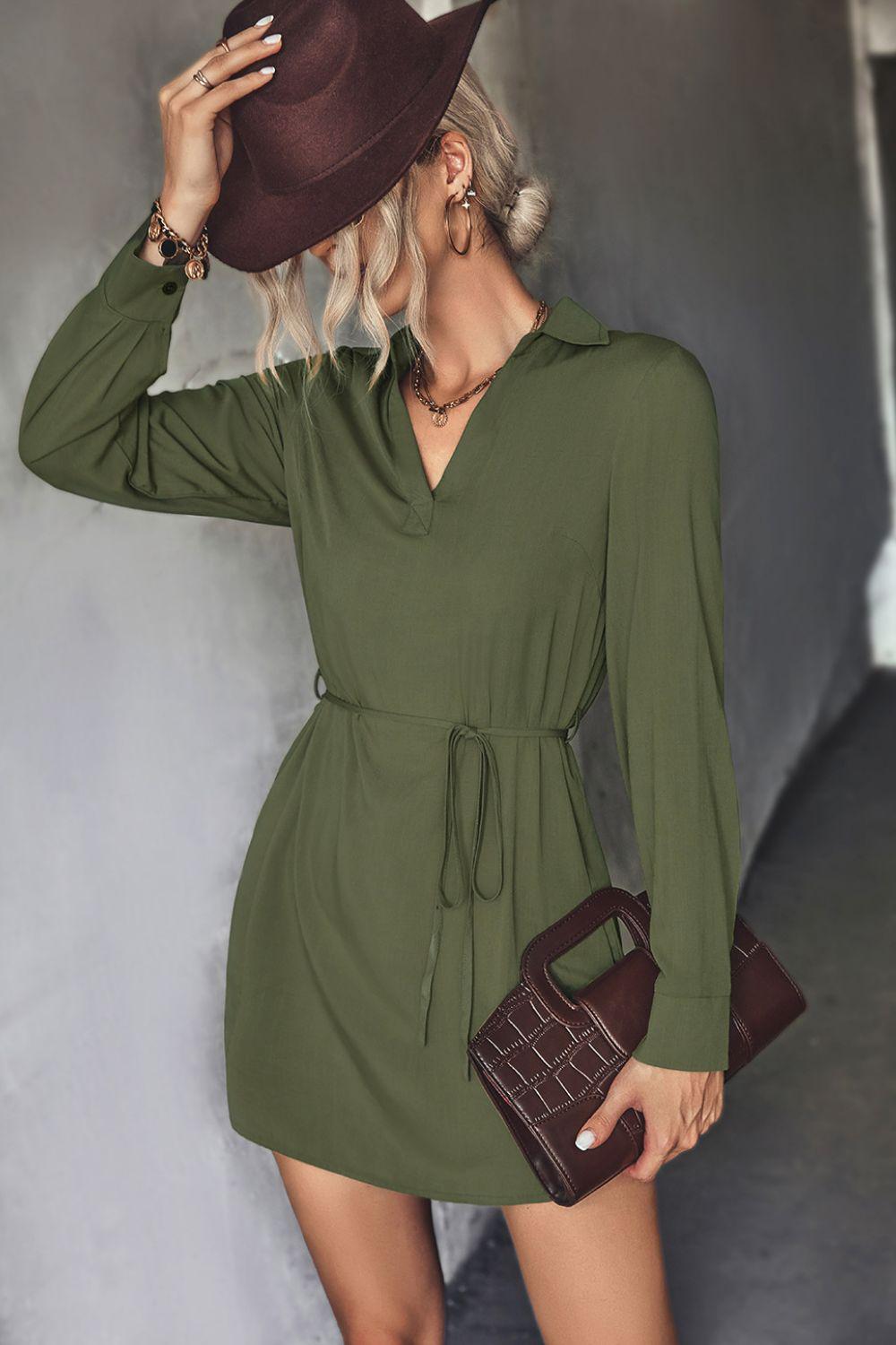Belted Johnny Collar High-Low Shirt Mini Dress BLUE ZONE PLANET
