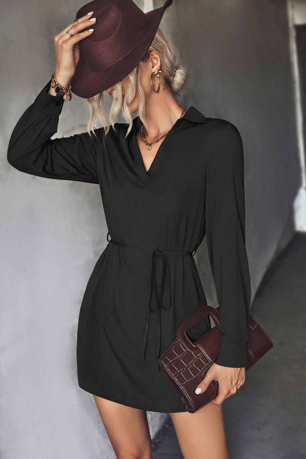 Belted Johnny Collar High-Low Shirt Mini Dress BLUE ZONE PLANET