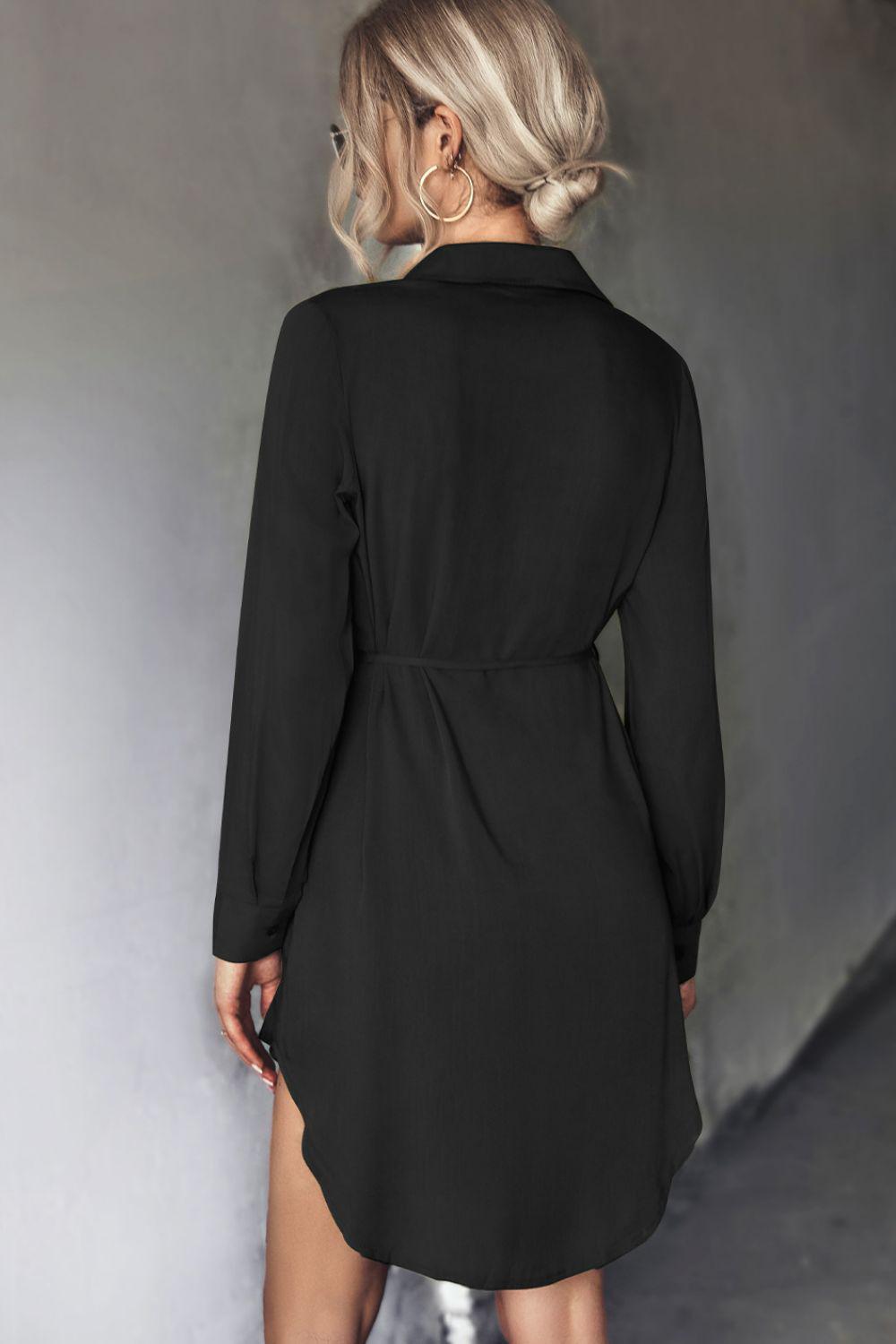 Belted Johnny Collar High-Low Shirt Mini Dress BLUE ZONE PLANET