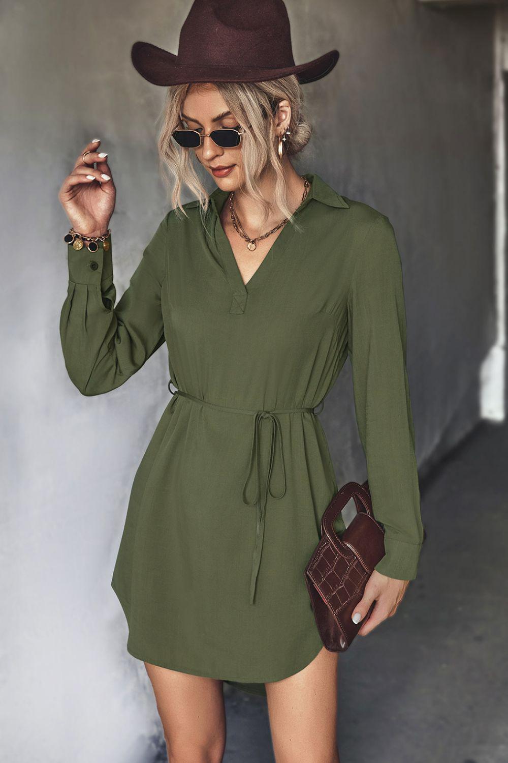 Belted Johnny Collar High-Low Shirt Mini Dress BLUE ZONE PLANET