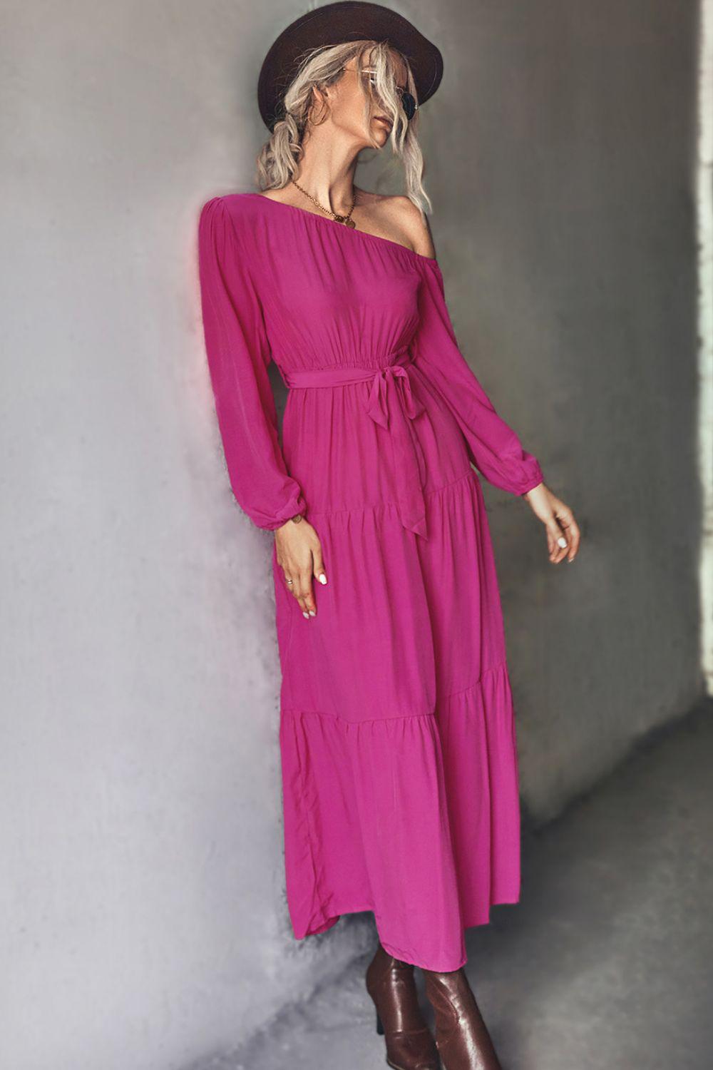 Belted One-Shoulder Tiered Maxi Dress BLUE ZONE PLANET
