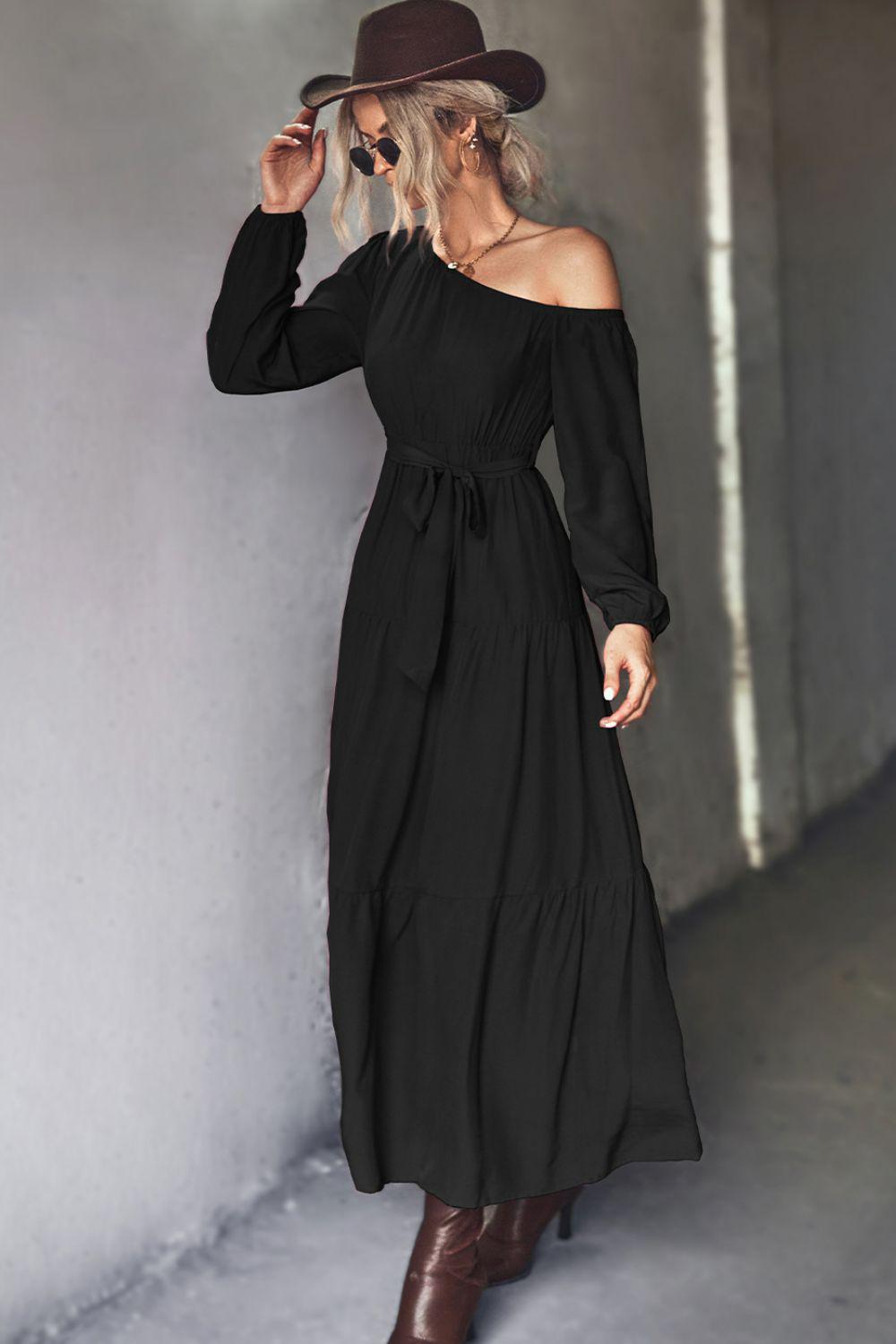 Belted One-Shoulder Tiered Maxi Dress BLUE ZONE PLANET