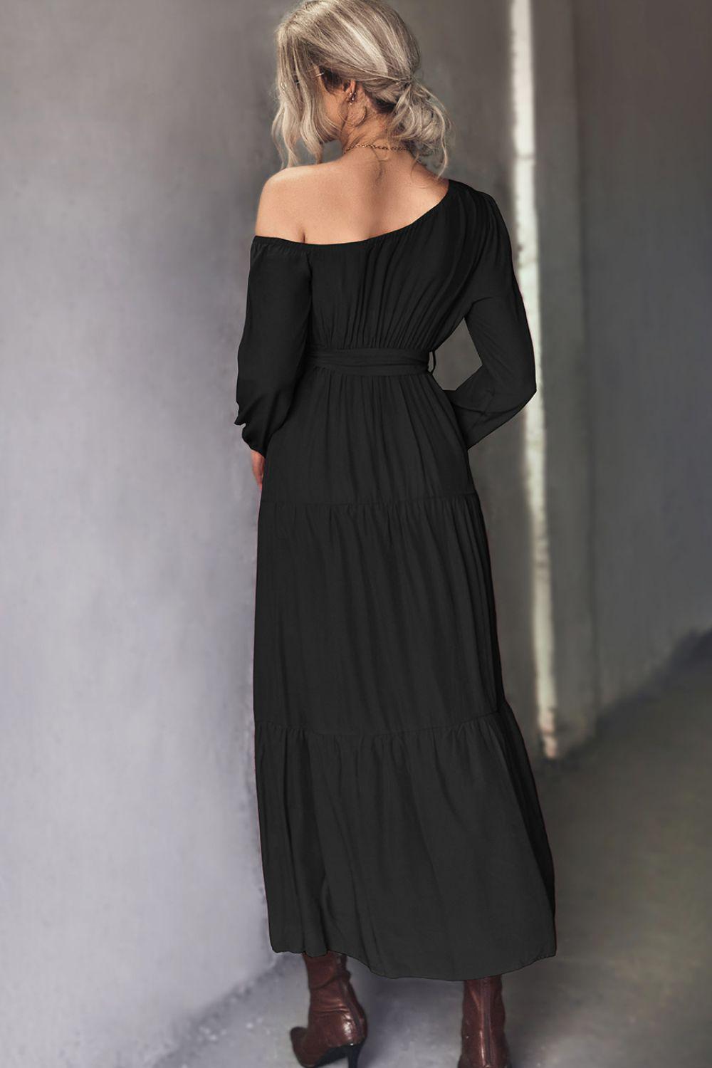 Belted One-Shoulder Tiered Maxi Dress BLUE ZONE PLANET