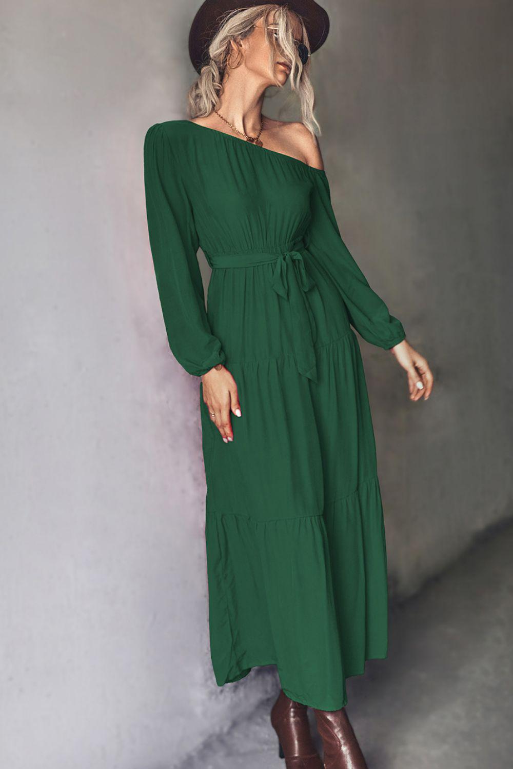 Belted One-Shoulder Tiered Maxi Dress BLUE ZONE PLANET