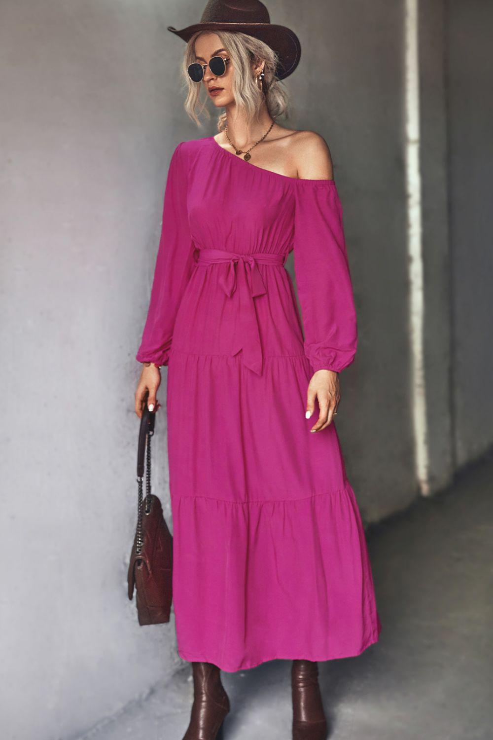 Belted One-Shoulder Tiered Maxi Dress BLUE ZONE PLANET