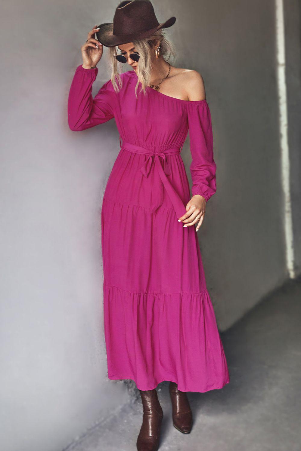 Belted One-Shoulder Tiered Maxi Dress BLUE ZONE PLANET