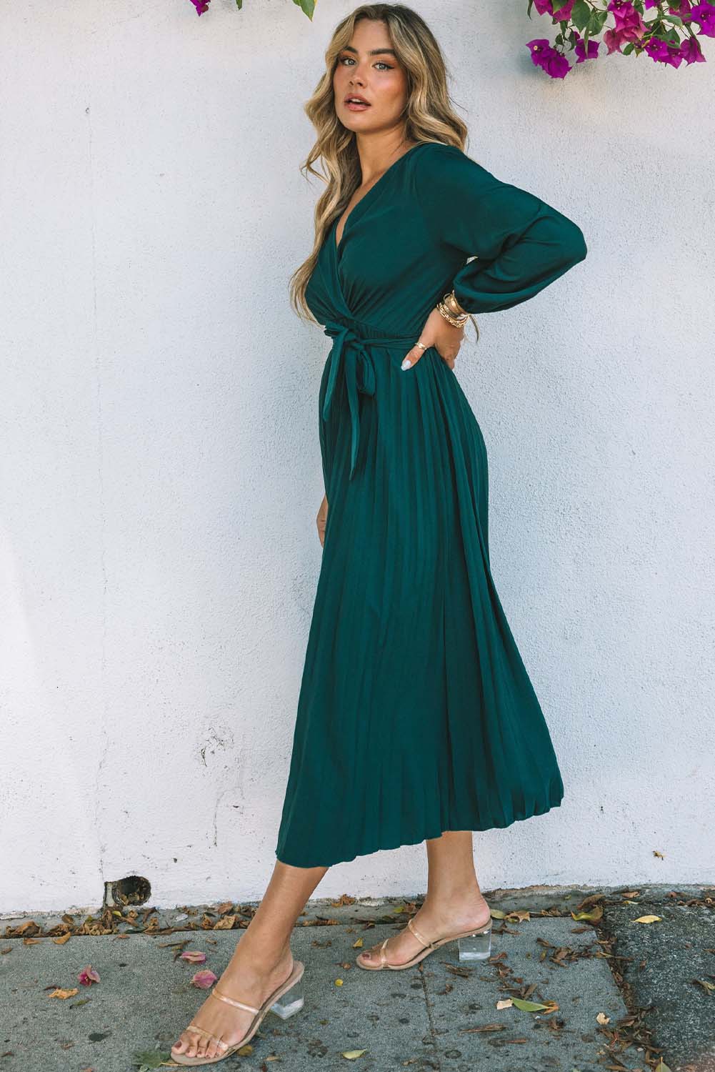 Belted Surplice Balloon Sleeve Pleated Dress BLUE ZONE PLANET
