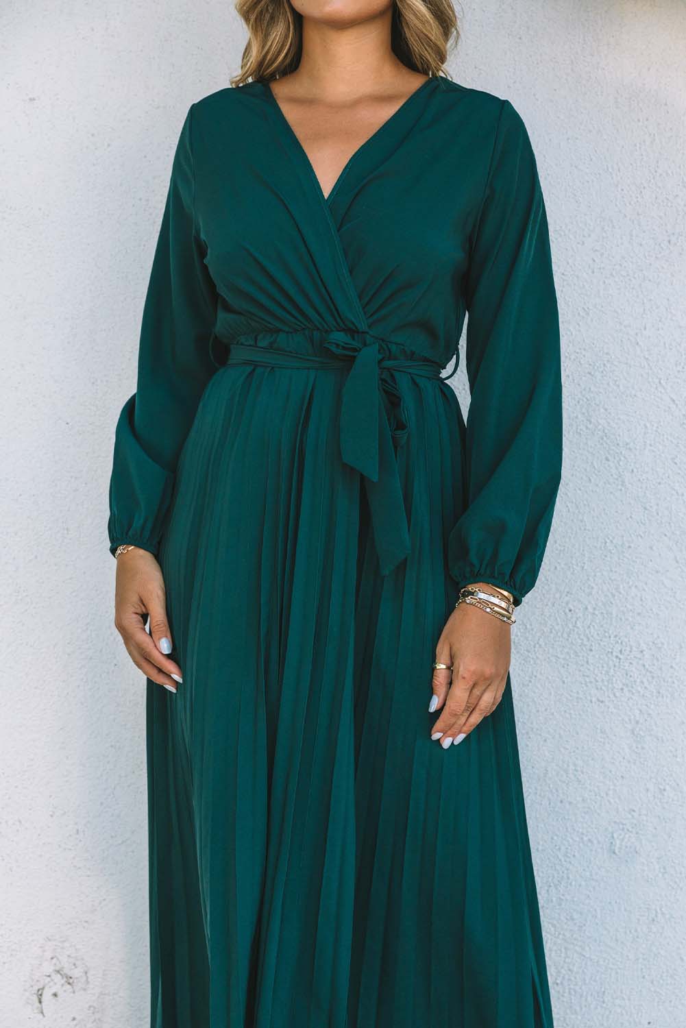 Belted Surplice Balloon Sleeve Pleated Dress BLUE ZONE PLANET