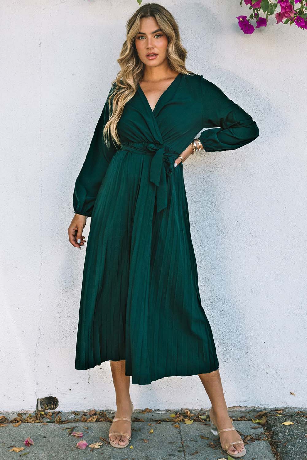 Belted Surplice Balloon Sleeve Pleated Dress BLUE ZONE PLANET