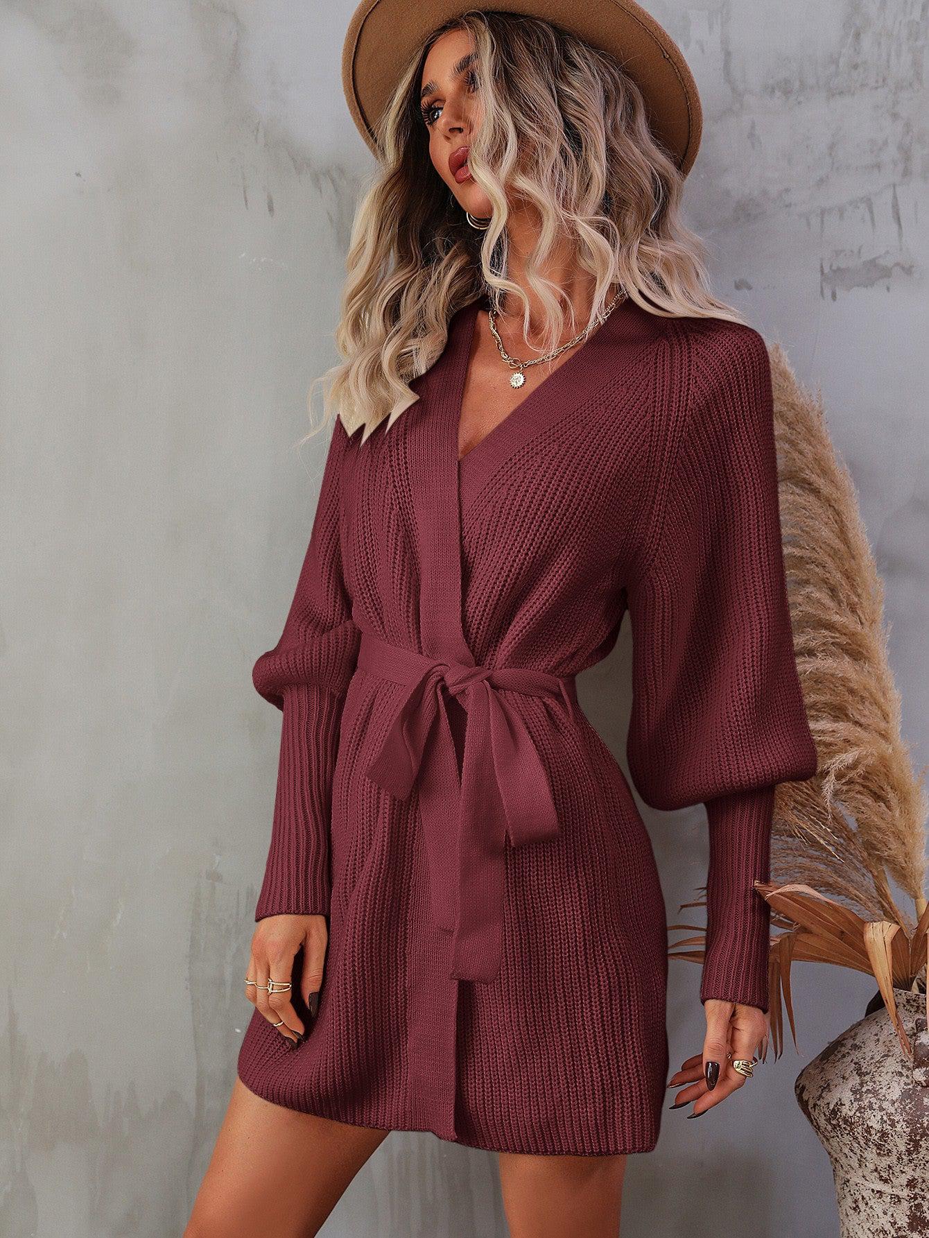 Belted Surplice Lantern Sleeve Wrap Sweater Mini Dress BLUE ZONE PLANET