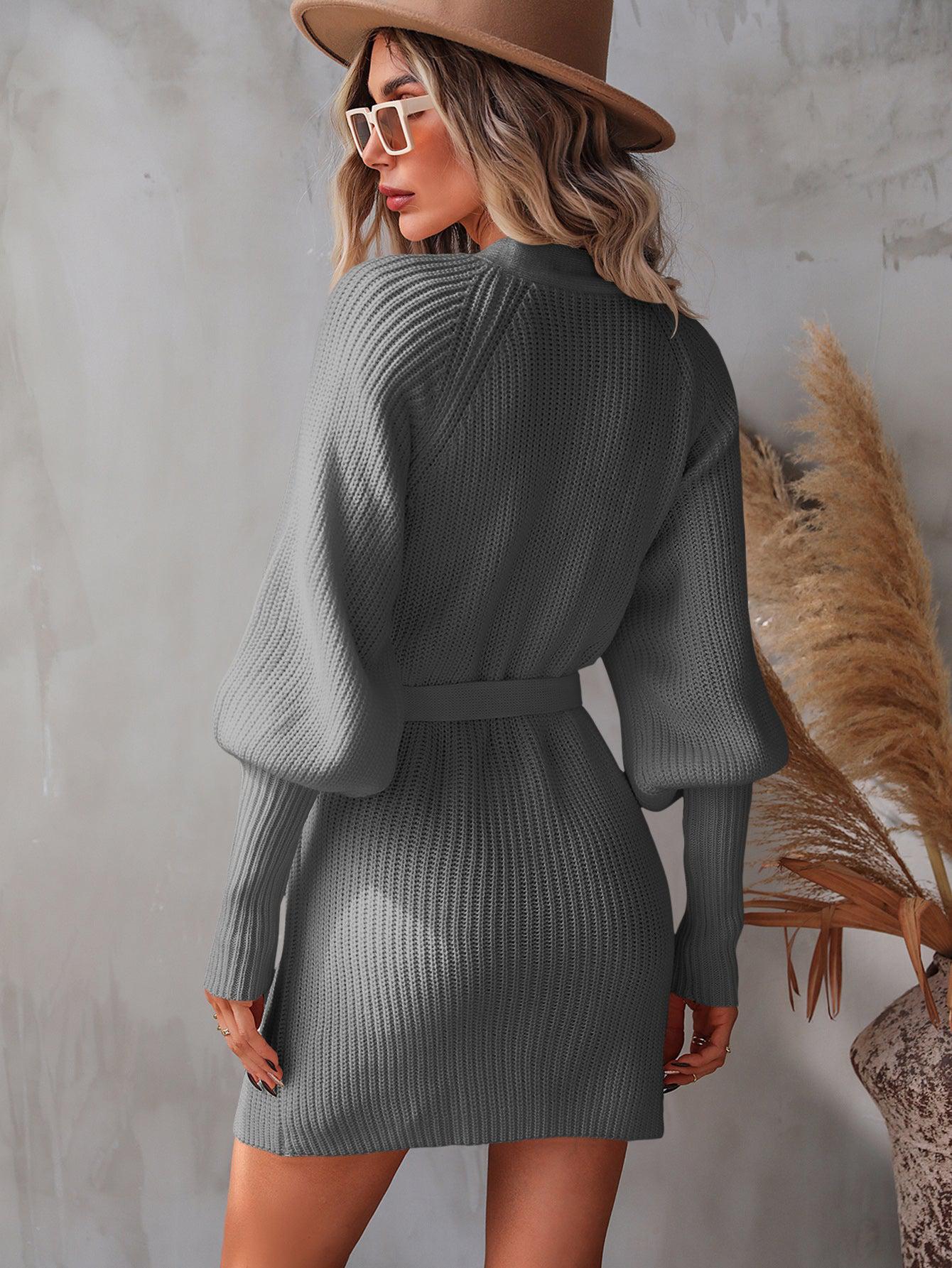 Belted Surplice Lantern Sleeve Wrap Sweater Mini Dress BLUE ZONE PLANET