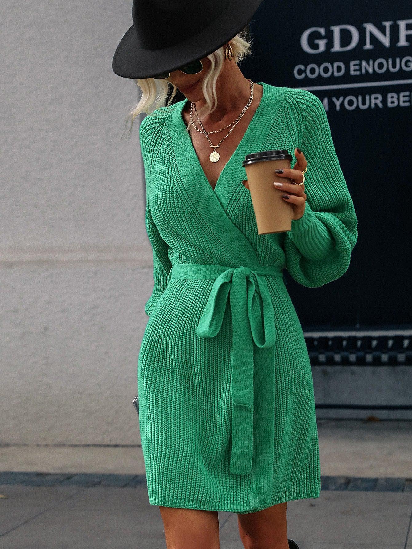 Belted Surplice Lantern Sleeve Wrap Sweater Mini Dress BLUE ZONE PLANET