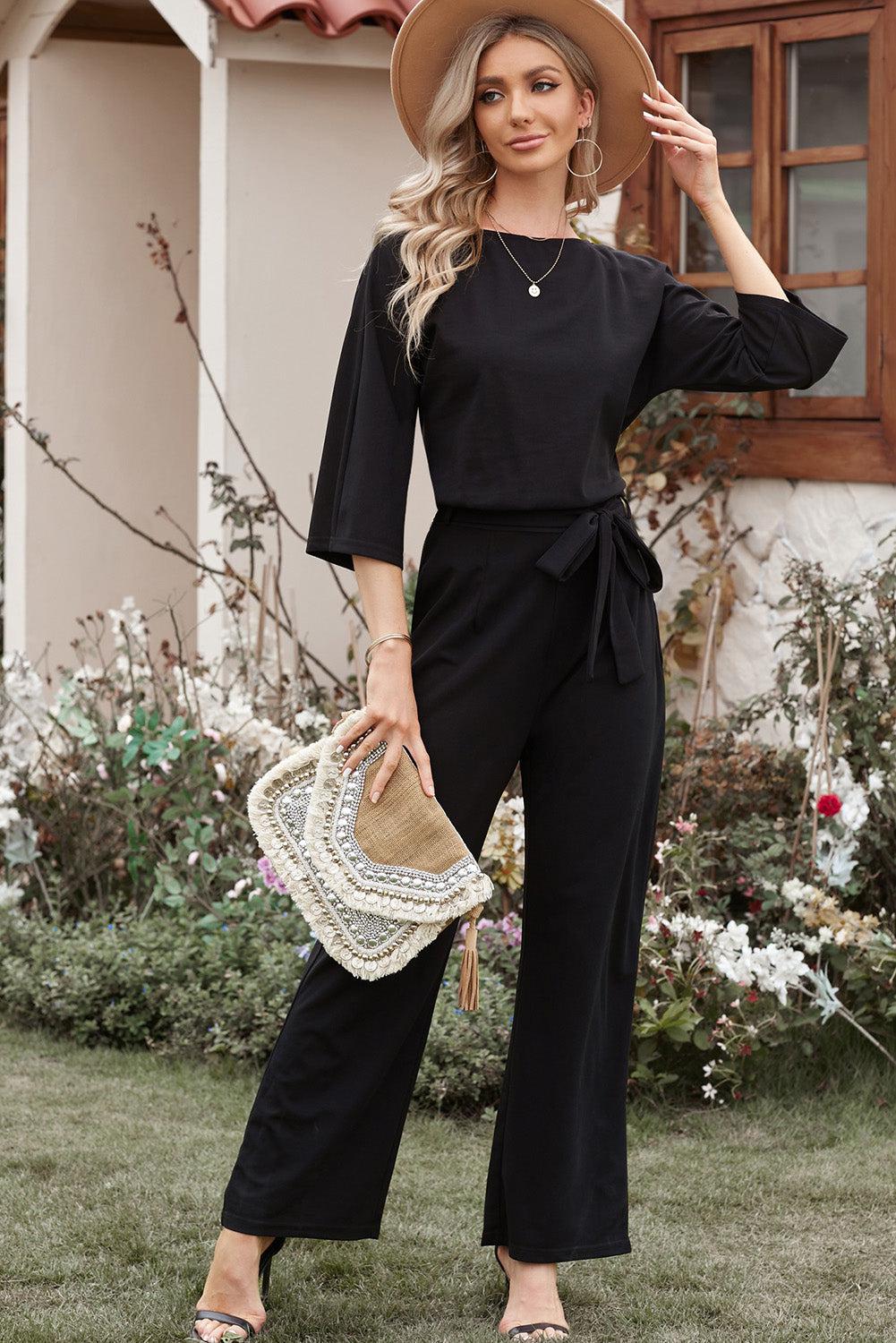 Belted Three-Quarter Sleeve Jumpsuit BLUE ZONE PLANET