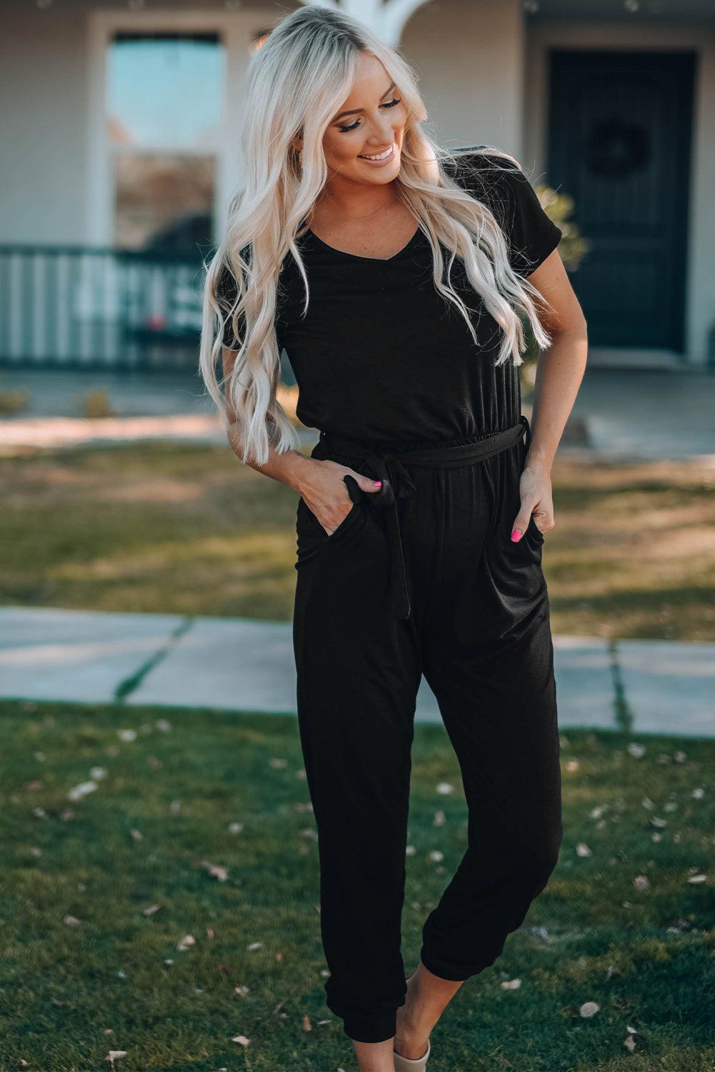 Belted V-Neck Jogger Jumpsuit BLUE ZONE PLANET