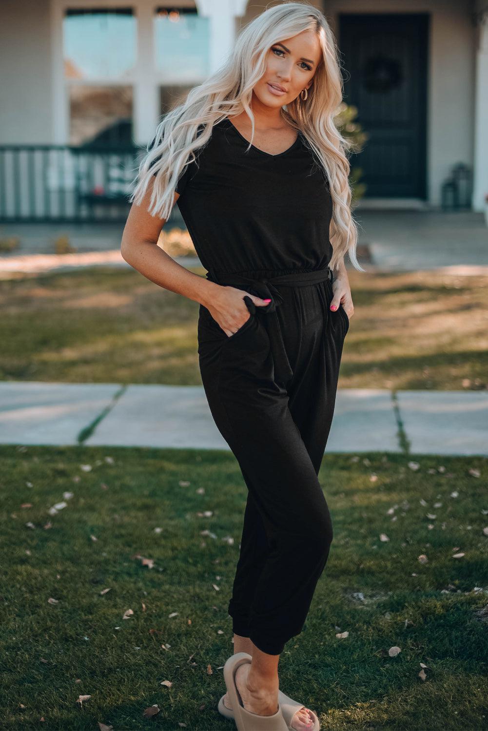 Belted V-Neck Jogger Jumpsuit BLUE ZONE PLANET