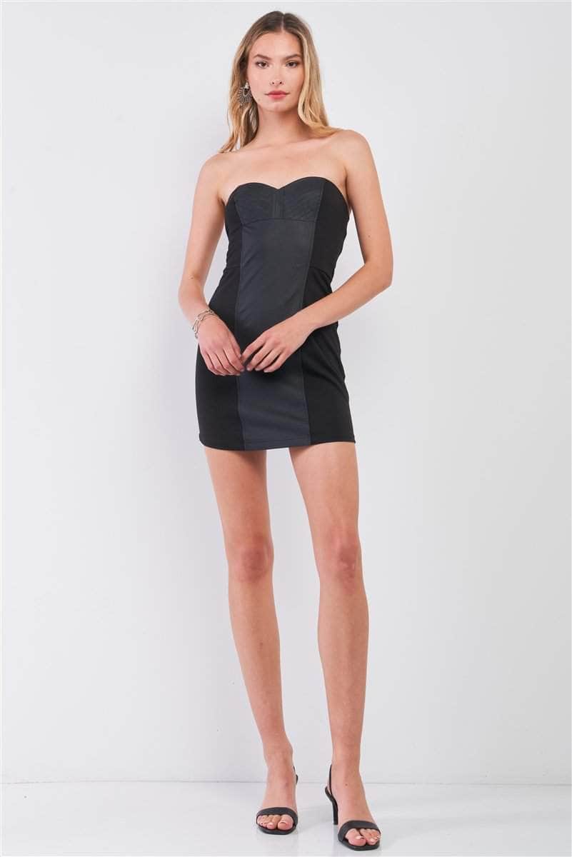 Black Sleeveless Strapless Faux Leather Insert Trim Sweetheart Neck Bodycon Mini Dres Blue Zone Planet