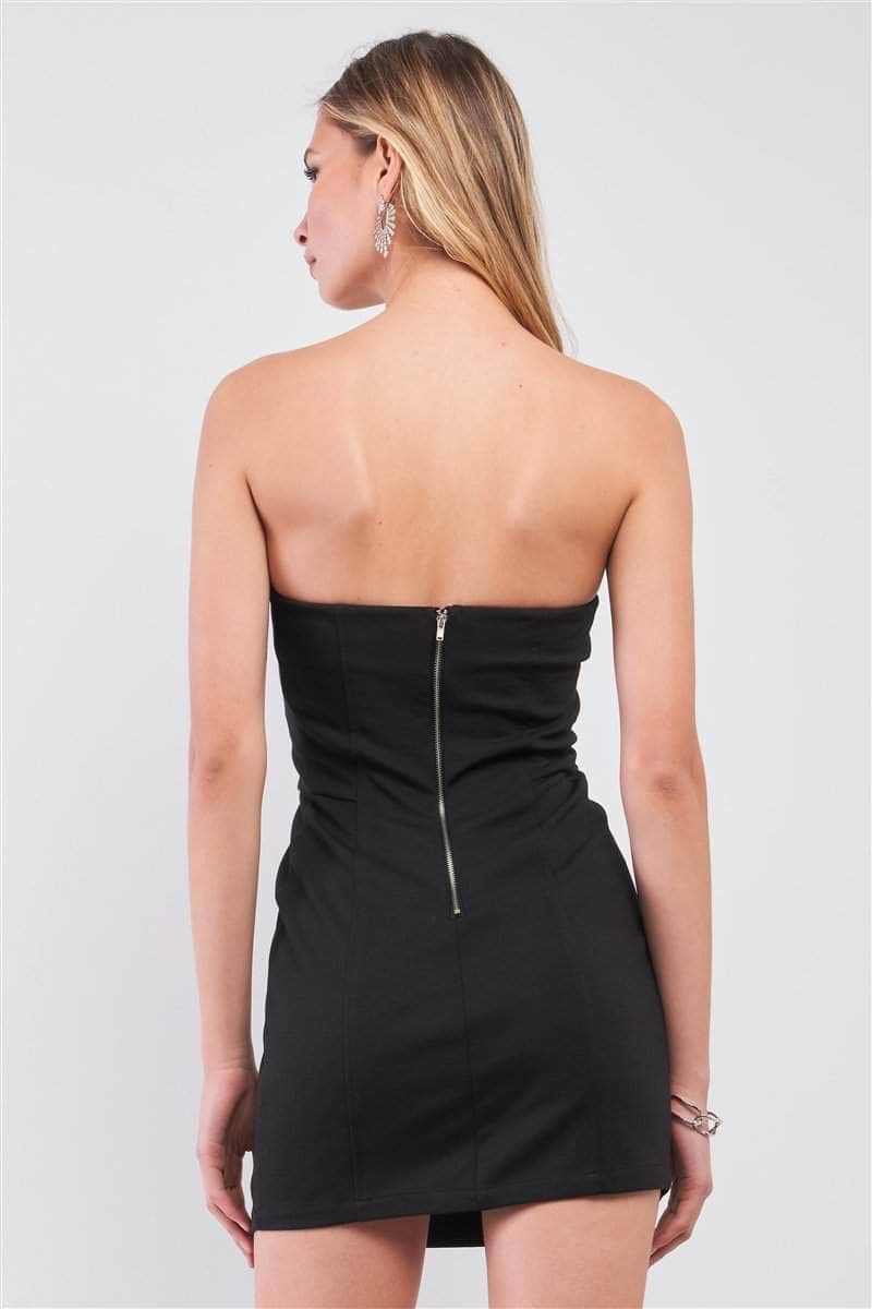 Black Sleeveless Strapless Faux Leather Insert Trim Sweetheart Neck Bodycon Mini Dres Blue Zone Planet