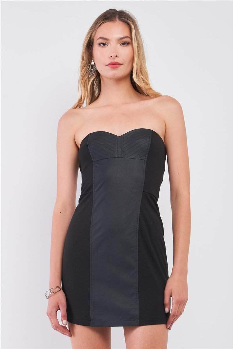 Black Sleeveless Strapless Faux Leather Insert Trim Sweetheart Neck Bodycon Mini Dres Blue Zone Planet