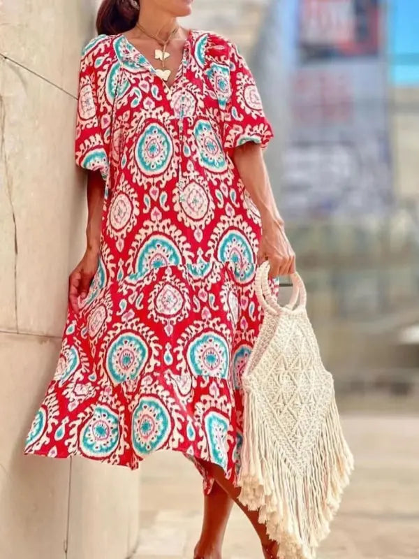 Blue Zone Planet | Ava's Geometric Collage Puff Sleeve Street Holiday Dress BLUE ZONE PLANET