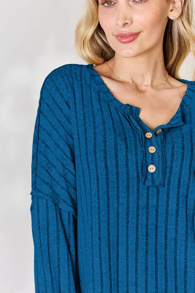 Blue Zone Planet | Basic Bae Full Size Ribbed Half Button Long Sleeve T-Shirt BLUE ZONE PLANET