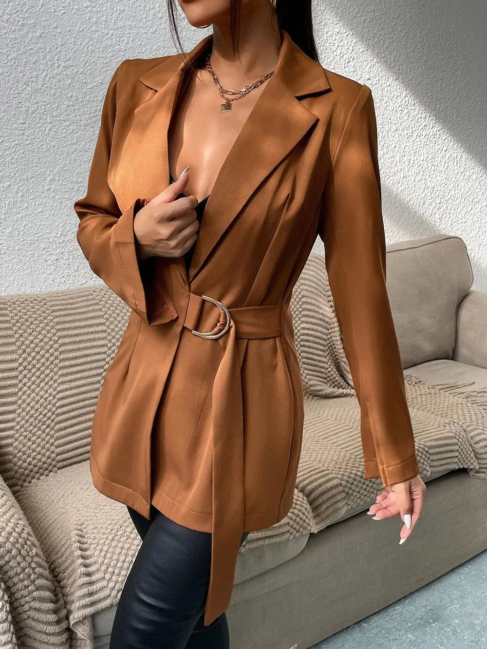Blue Zone Planet | Belted Slit-Cuff Longline Blazer BLUE ZONE PLANET