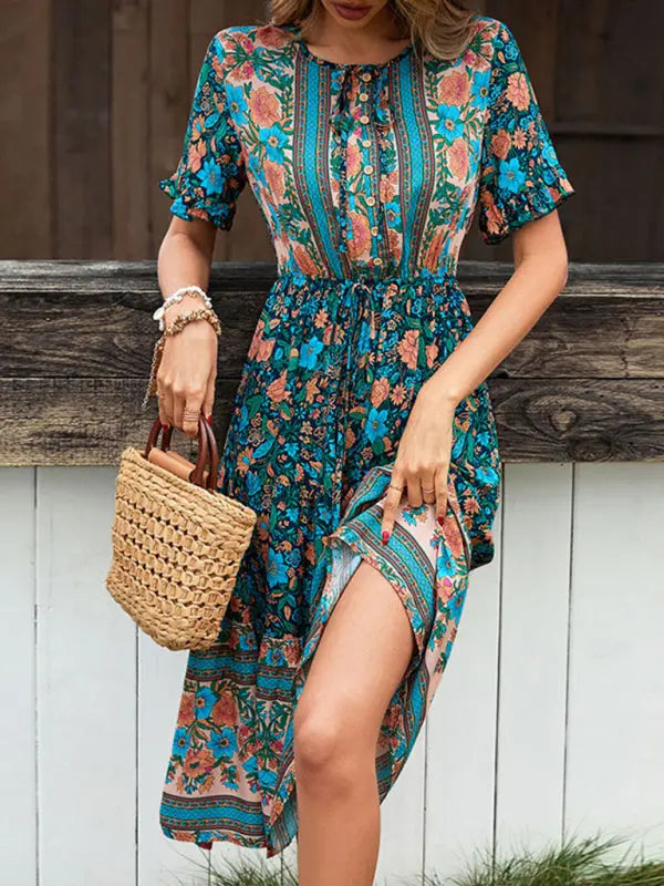 knee length bohemian dress Blue Planet | Print Button Tie Knee-Length victorian corset knee mini length Comfortable 100% Washable Silk Maxi Midi dress SIZE:XLARGE