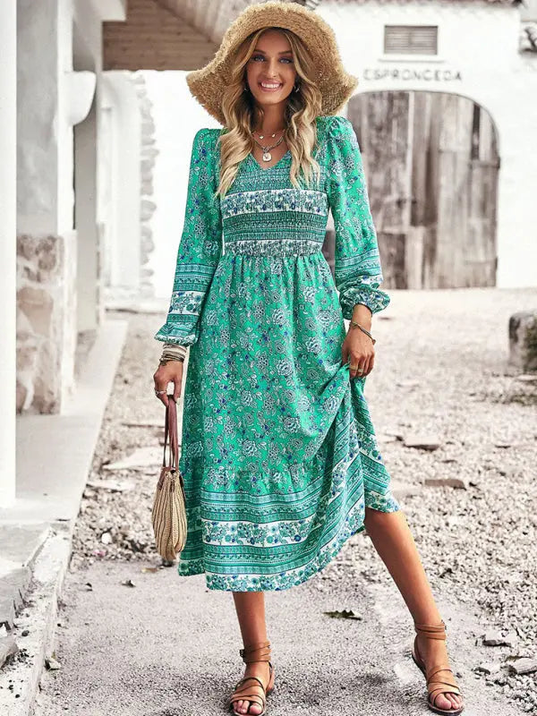 Blue Zone Planet | Bohemian Resort Style V-Neck Midi Dress BLUE ZONE PLANET