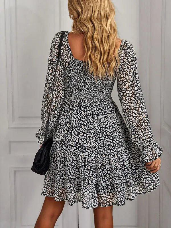 Blue Zone Planet | Bohemian print stretch elastic square neck long-sleeved dress BLUE ZONE PLANET
