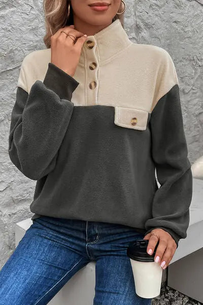 Blue Zone Planet | Color Block Quarter Button Dropped Shoulder Sweatshirt BLUE ZONE PLANET