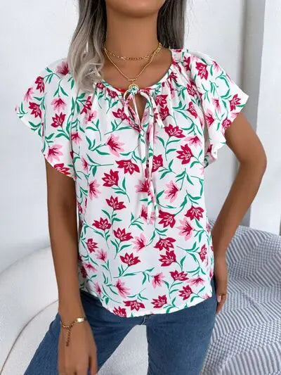 Blue Zone Planet | Floral Tie Neck Flutter Sleeve Blouse BLUE ZONE PLANET