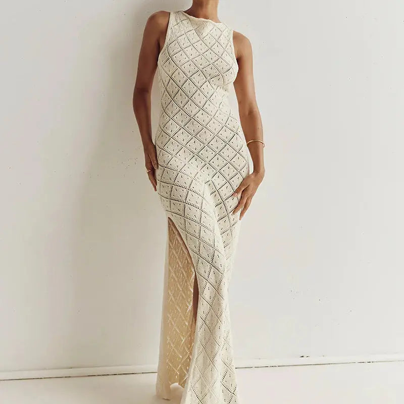 Blue Zone Planet | Hollow knitted sleeveless long slit dress BLUE ZONE PLANET