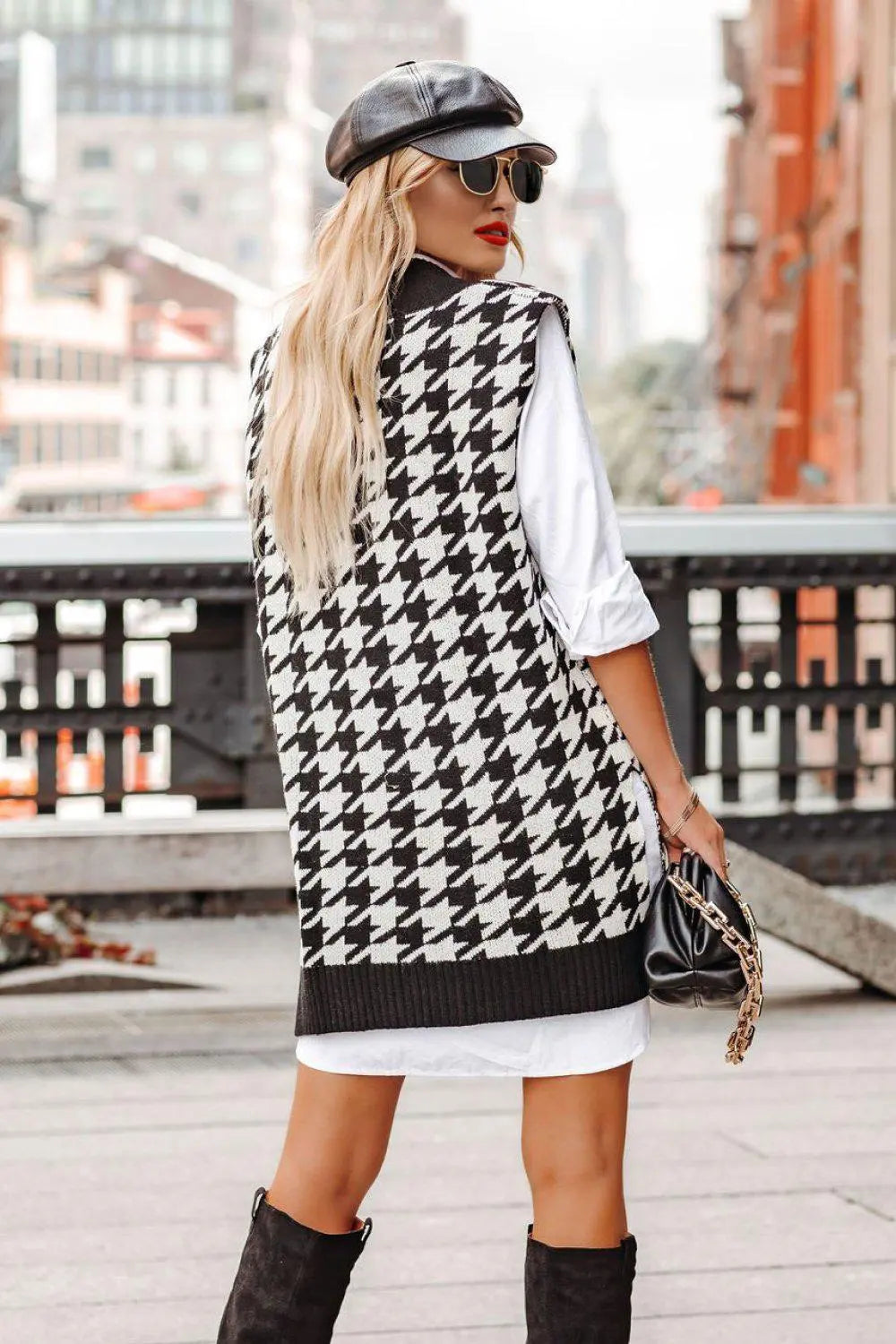 Blue Zone Planet | Houndstooth Ribbed Trim Sweater Vest Dress BLUE ZONE PLANET