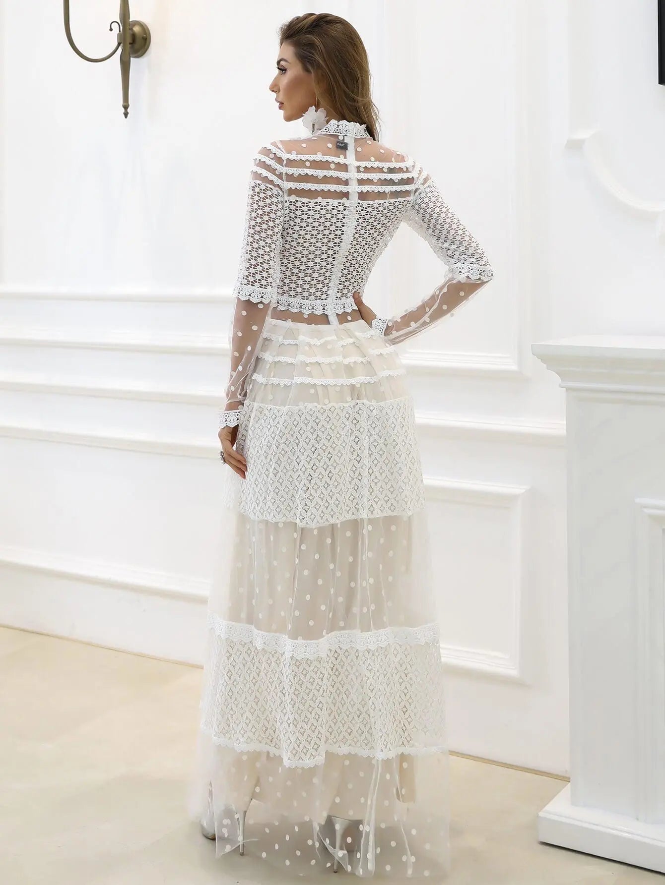 Blue Zone Planet | Lace Polka Dot Spliced Mesh Maxi Dress BLUE ZONE PLANET